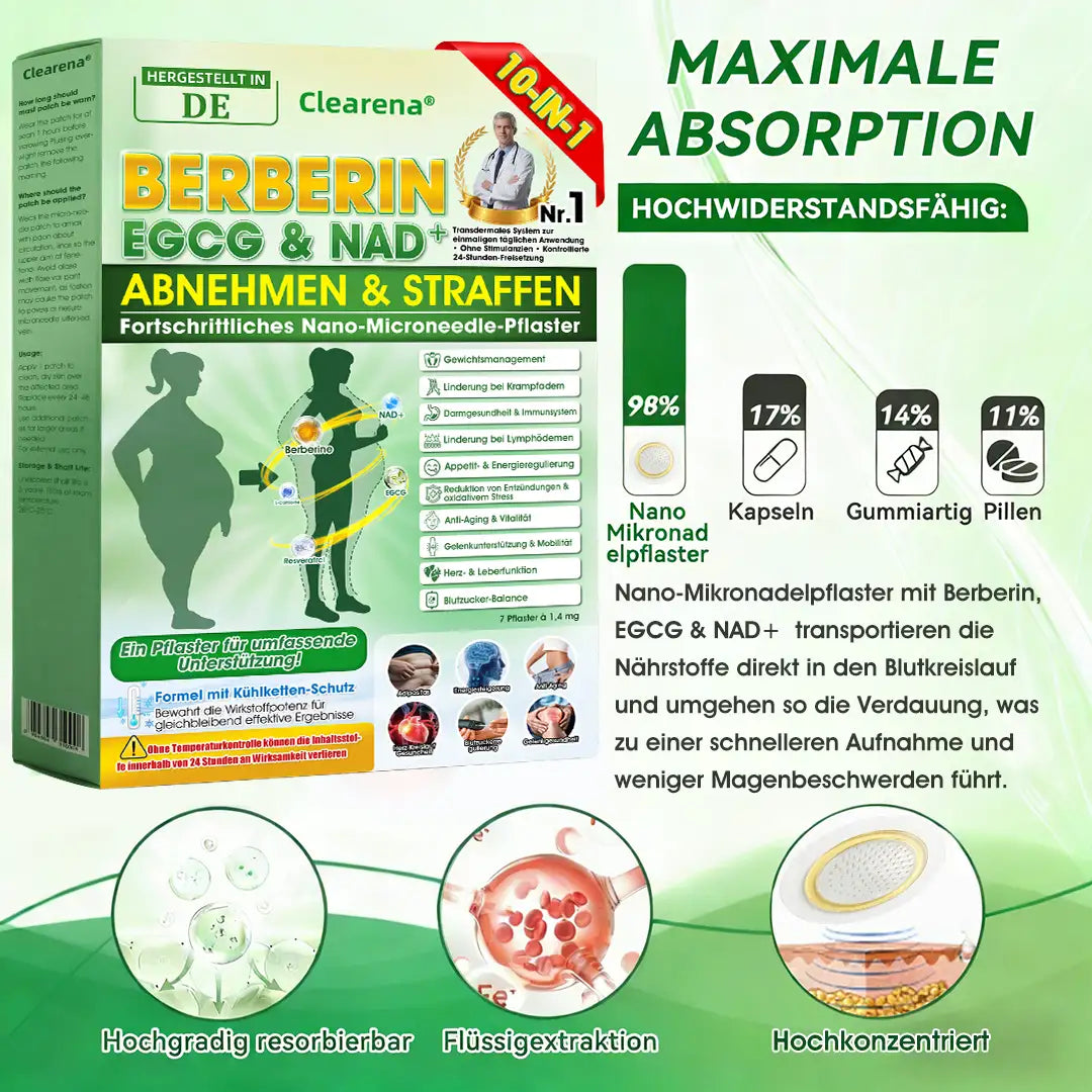 𝐂𝐥𝐞𝐚𝐫𝐞𝐧𝐚®🧑‍⚕️🏆 𝘽𝙚𝙧𝙗𝙚𝙧𝒊𝒏𝒆 · 𝙀𝙂𝘾𝙂 × 𝐍𝐴𝑫+ 10-in-1 Fortschrittliches Nano-Mikronadel-Pflaster  (𝑵𝒖𝒓 𝒆𝒊𝒏𝒎𝒂𝒍 𝒕ä𝒈𝒍𝒊𝒄𝒉, 𝒔𝒊𝒄𝒉𝒕𝒃𝒂𝒓𝒆 𝑽𝒆𝒓ä𝒏𝒅𝒆𝒓𝒖𝒏𝒈𝒆𝒏 𝒊𝒏 7 𝑻𝒂𝒈𝒆𝒏) 💪 Für Adipositas, schlaffe Haut, Diabetes, Schlafapnoe, Gelenkprobleme und mehr